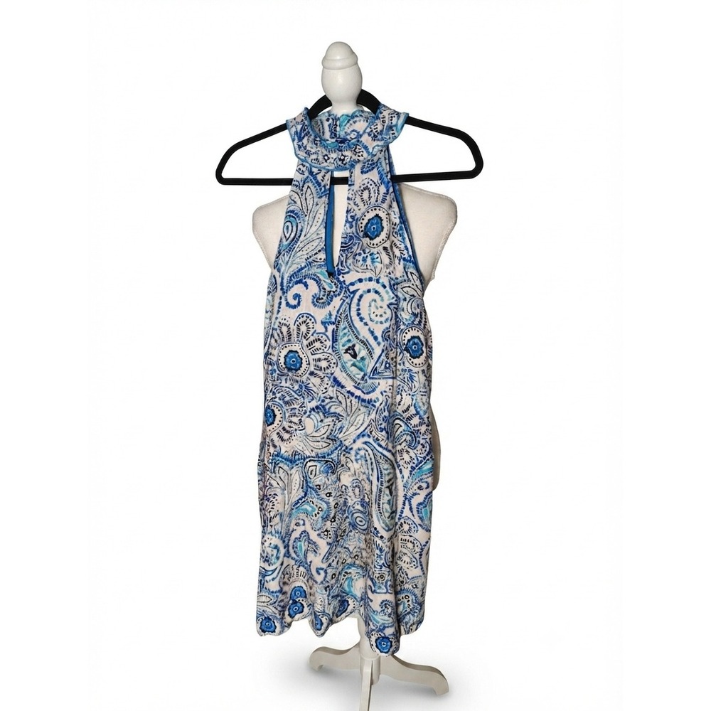Mary & Mabel Blue Paisley Halter Mini Dress Keyhole Neck MD889 Womens Medium